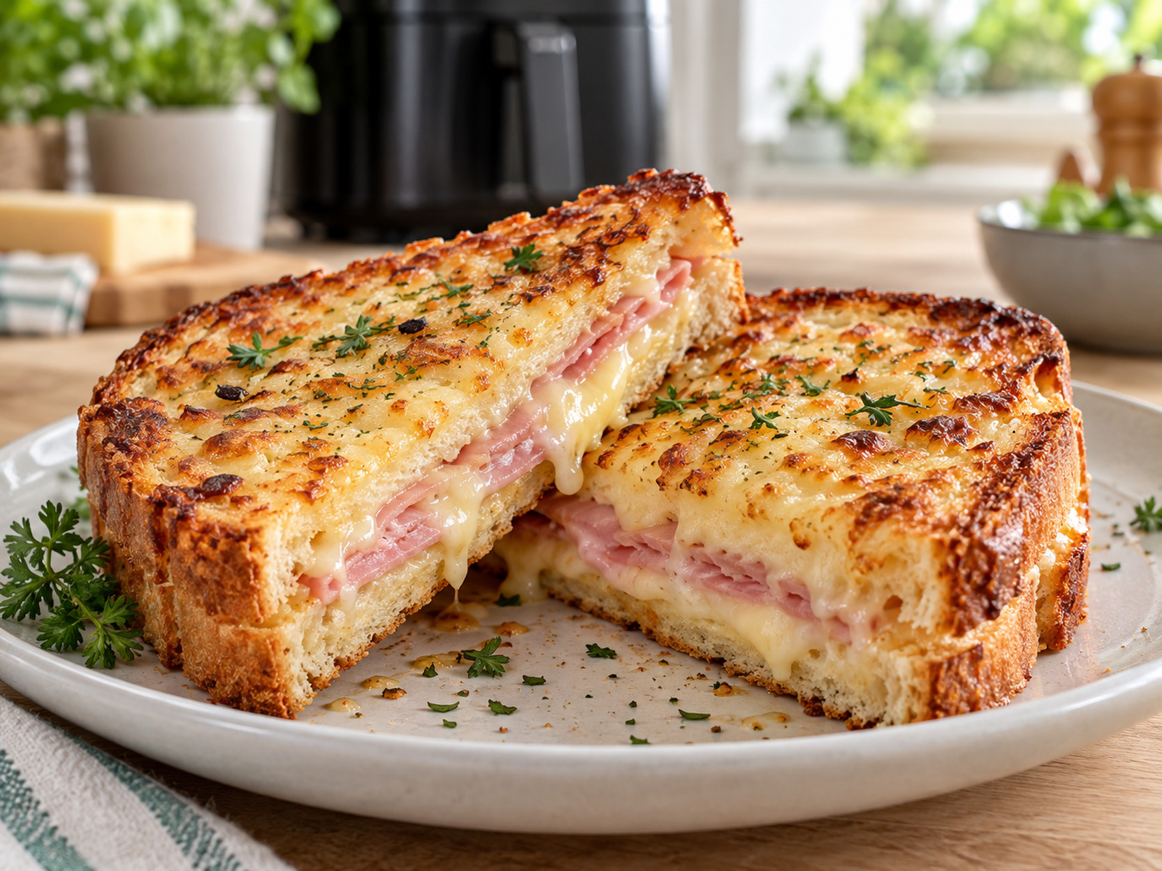 Croque-monsieur doré au fromage fondant, coupé en deux dans une assiette